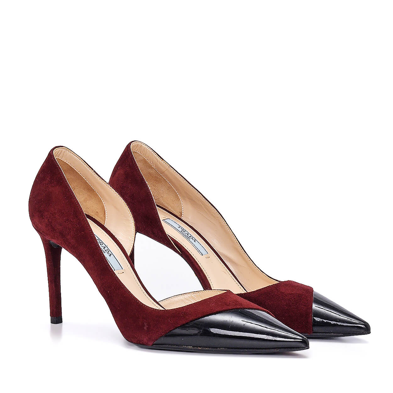 PRADA - Bordeaux Suede & Black Patent Leather Half D'orsay Pumps